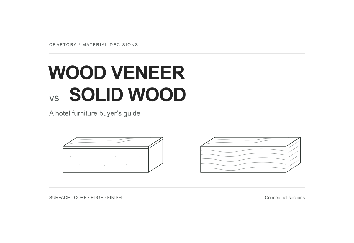 Editorial illustration comparing a veneer-faced panel and a solid-wood section for hotel furniture specification